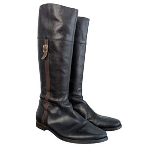 Cole Haan US 9 Black Leather Ridding Boots Knee High Zip Up Flat Sole
